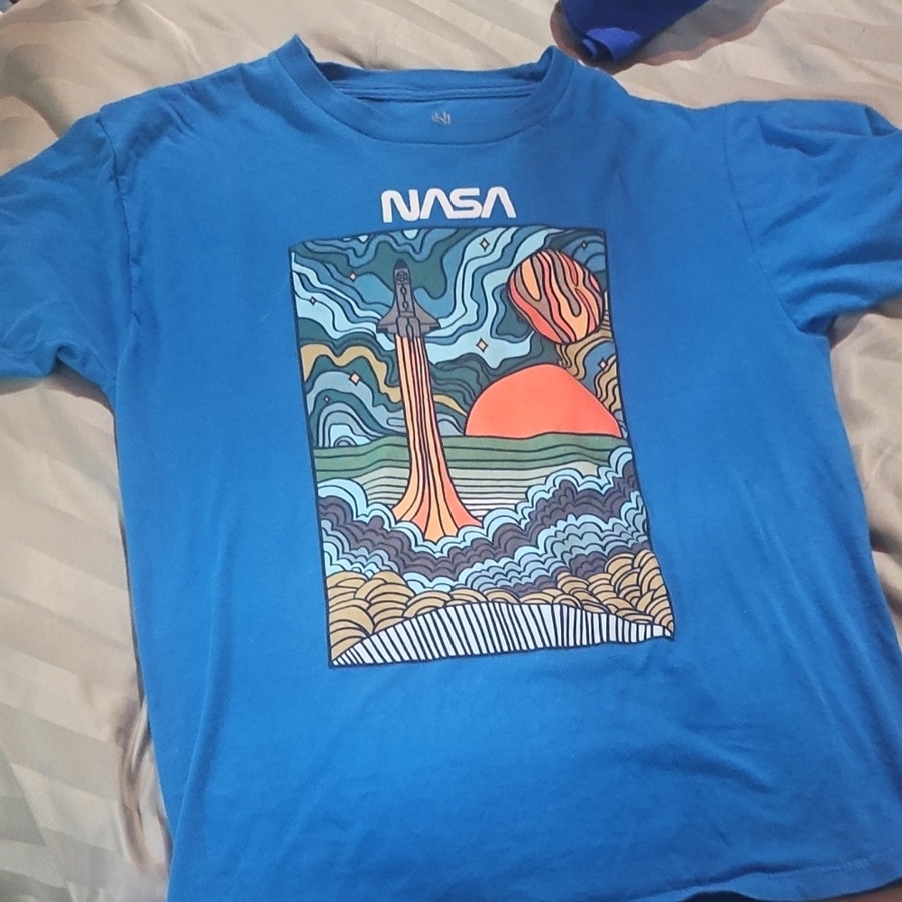 Blue and Orange NASA Short Sleeve Tee with Graphic Design